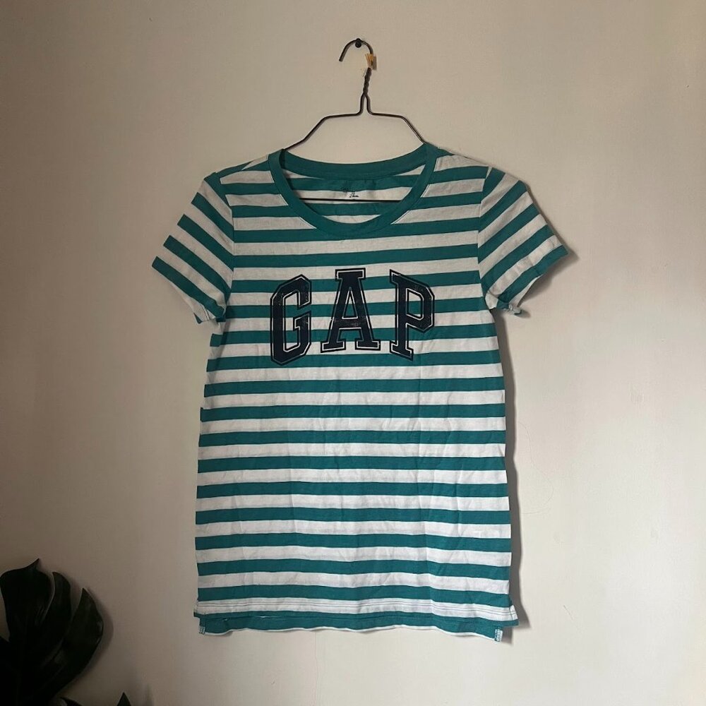 GAP Turquoise Blue and White Striped Short Sleeve T-Shirt